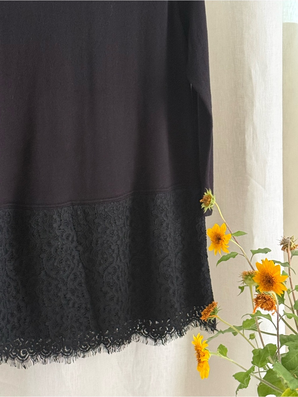 NWT LOFT Tunic Sweater Womens Large Black Lace Hem 3/4 Sleeve Cotton Knit Trim - Picture 2 of 12